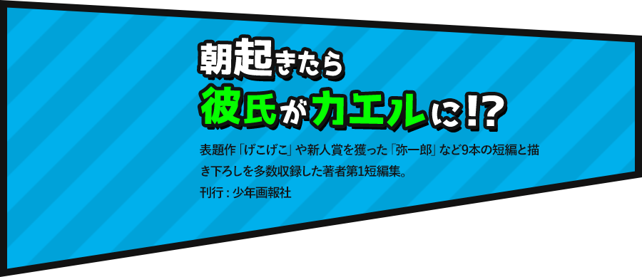 朝起きたら彼氏がカエルに!?表題作「げこげこ」や新人賞を獲った「弥一郎」など9本の短編と描き下ろしを多数収録した著者第1短編集。刊行 : 少年画報社